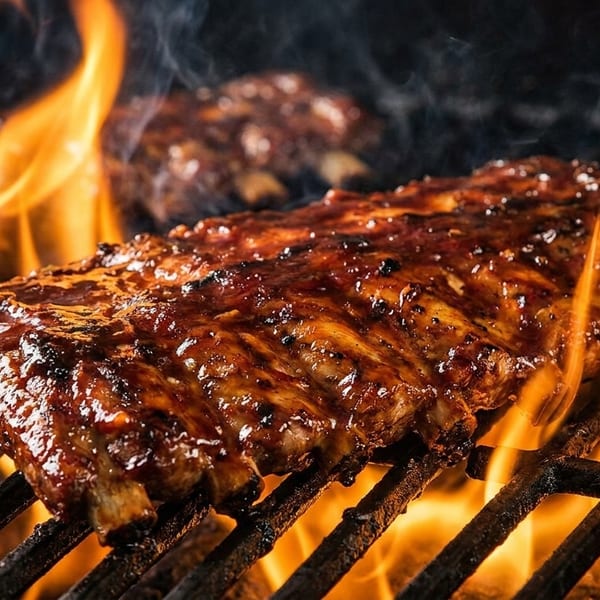 Two racks of glistening barbecue ribs cooking on a fiery grill with smoke rising.