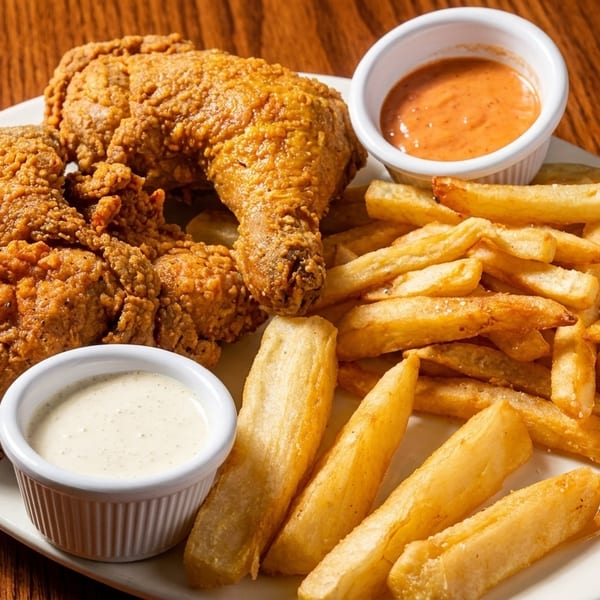 Crispy fried chicken pieces, golden french fries, and two dipping sauces on a white plate.