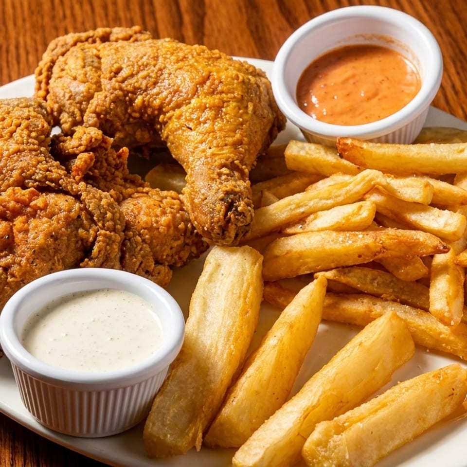 Crispy fried chicken pieces, golden french fries, and two dipping sauces on a white plate.
