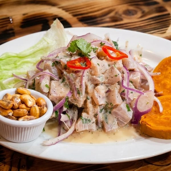 Peruvian ceviche with fish, red onions, cilantro, chili, lettuce, sweet potato, and toasted corn.
